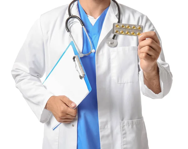 Muž Lékař Vitamíny Schránky Bílém Pozadí Detailní Záběr — Stock fotografie