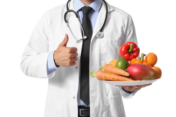 Male Doctor Plate Vegetables Showing Thumb White Background — Stock Photo, Image