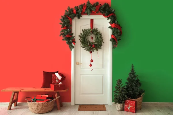 Interior Hall White Door Bench Christmas Decor — Stock Photo, Image