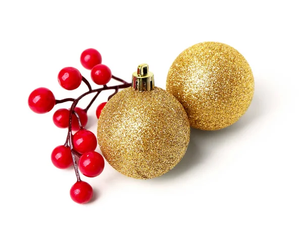 Golden Christmas Balls Red Berries White Background — Stock Photo, Image