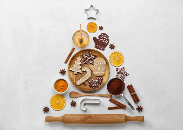 Christmas Tree Made Tasty Cookies Ingredients Utensils Light Background — Stock Photo, Image