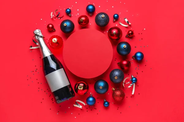 Composition Blank Card Bottle Champagne Christmas Balls Red Background — Stock Photo, Image