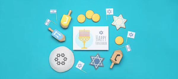 Diferentes Símbolos Hanukkah Tarjeta Felicitación Sobre Fondo Azul — Foto de Stock