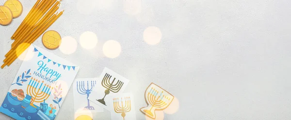 Diferentes Símbolos Hanukkah Tarjeta Felicitación Sobre Fondo Claro Con Espacio — Foto de Stock