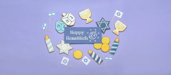 Composición Con Galletas Tarjeta Felicitación Para Hanukkah Sobre Fondo Lila — Foto de Stock