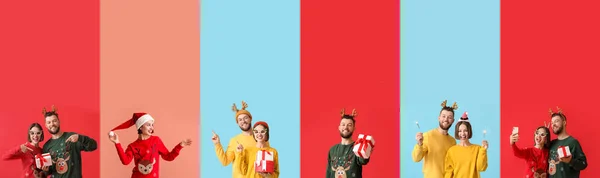 Uppsättning Glada Ungdomar Snygga Julkläder Färg Bakgrund — Stockfoto