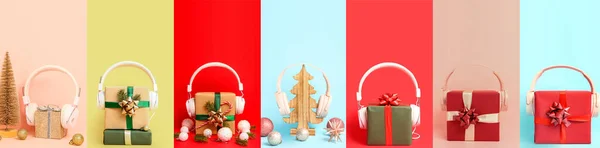 Set Van Hoofdtelefoons Kerstcadeaus Kleur Achtergrond — Stockfoto