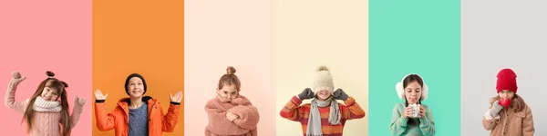 Група Милих Маленьких Дітей Зимовому Одязі Кольоровому Фоні — стокове фото