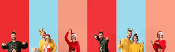 Zestaw Szczęśliwych Młodych Ludzi Stylowych Strojach Świątecznych Tle Koloru — Zdjęcie stockowe