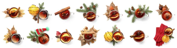 Set Delicious Mulled Wine Isolated White Top View — Stock Photo, Image
