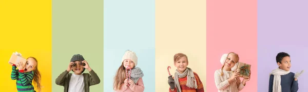 Collage Söta Små Barn Vinter Kläder Färg Bakgrund — Stockfoto