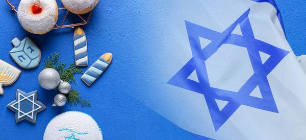 Collage Bandera Israelí Con Sabrosos Postres Para Hanukkah —  Fotos de Stock