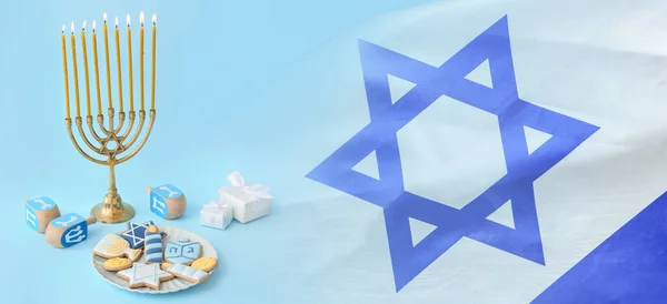 Collage Israeli Flag Menorah Cookies Hanukkah — Stock Photo, Image