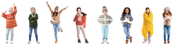 Gruppe Entzückender Kleiner Kinder Winterkleidung Auf Weißem Hintergrund — Stockfoto