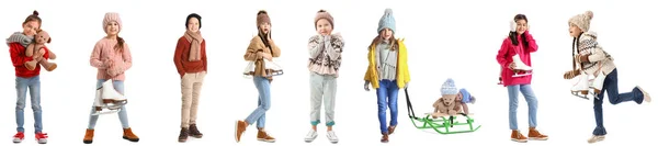 Collection Stylish Little Children Winter Clothes White Background — Stock Photo, Image