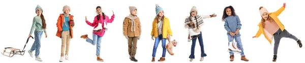 Collage Bedårande Små Barn Vinterkläder Vit Bakgrund — Stockfoto