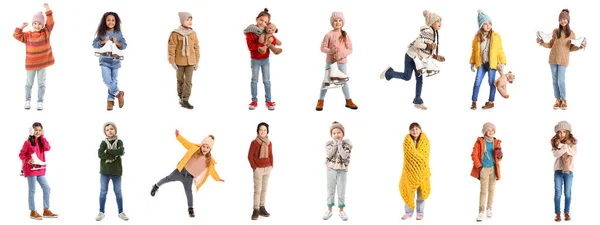 Collage Snygga Små Barn Vinterkläder Vit Bakgrund — Stockfoto