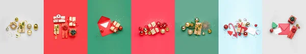 Collage Met Kerstdecor Geschenken Kleurrijke Achtergrond — Stockfoto