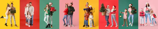 Collage Glada Familjer Färg Bakgrund Julfirande — Stockfoto