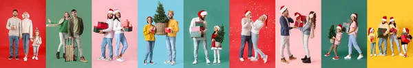 Grupa Szczęśliwych Rodzin Tle Koloru Święta Bożego Narodzenia — Zdjęcie stockowe