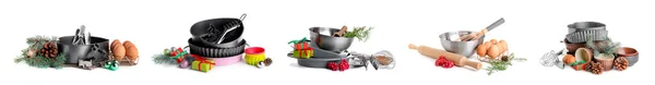 Συλλογή Μαγειρικών Σκευών Και Προϊόντων Για Χριστουγεννιάτικο Φούρνο Λευκό Φόντο — Φωτογραφία Αρχείου