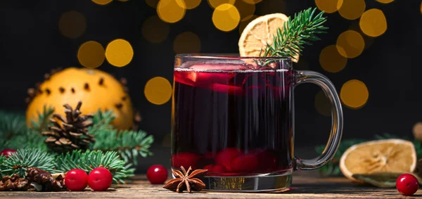 Glass Cup Tasty Mulled Wine Christmas Decor Table Blurred Lights — Stock Photo, Image