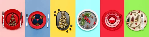Verschiedene Weihnachtseinstellungen Auf Farbigem Hintergrund Draufsicht — Stockfoto