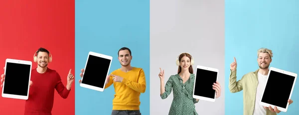 Set Van Mensen Met Grote Tablet Computers Kleurrijke Achtergrond — Stockfoto