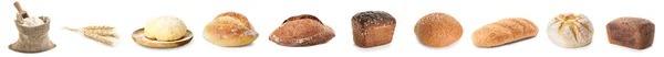 Colagem Pães Crocantes Com Espiguetas Trigo Farinha Fresca Massa Fundo — Fotografia de Stock