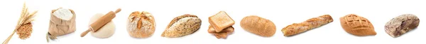 Sada Křupavých Bochníků Chleba Pšeničnými Hřeby Čerstvá Mouka Těsto Bílém — Stock fotografie