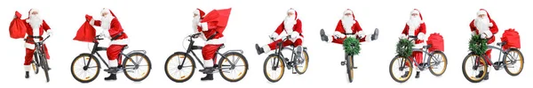 Conjunto Papai Noel Com Saco Andar Bicicleta Fundo Branco — Fotografia de Stock