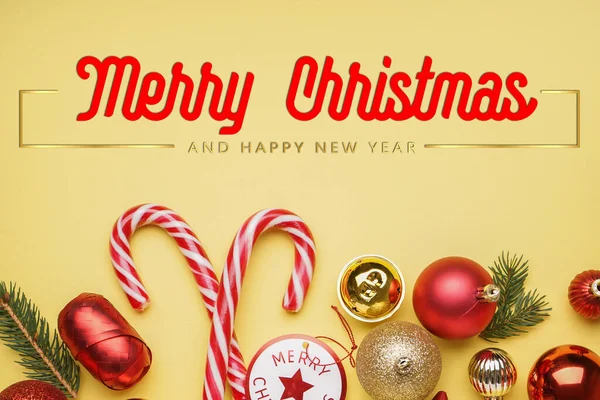 Beautiful Greeting Card Christmas New Year Decor Yellow Background — Stock Photo, Image