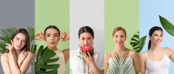 Collage Vackra Unga Kvinnor Med Tropiska Blad Och Blomma Färg — Stockfoto