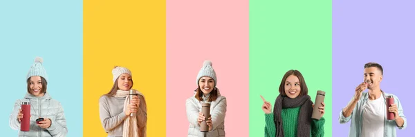 Коллаж Людей Термосами Цветном Фоне — стоковое фото
