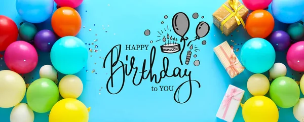 Baner Nadmuchiwane Balony Prezenty Tekst Happy Birthday Ciebie Niebieskim Tle — Zdjęcie stockowe