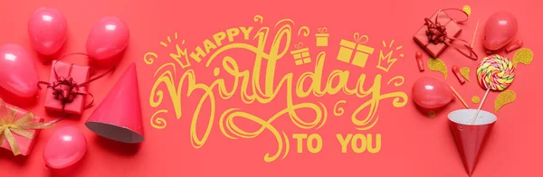 Banner Party Decor Gifts Text Happy Birthday You Red Background — Stock Photo, Image