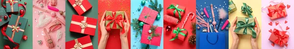 Святковий Колаж Секс Іграшок Різдвяними Подарунками Декором Кольоровому Фоні — стокове фото