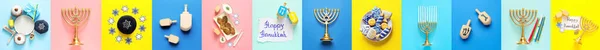 Colagem Com Símbolos Hanukkah Fundo Colorido — Fotografia de Stock
