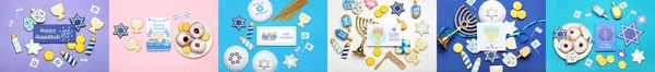 Collage Mit Symbolen Von Chanukka Auf Buntem Hintergrund — Stockfoto