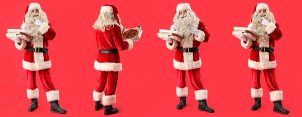 Sada Santa Claus Drží Krabice Chutnou Pizzu Červeném Pozadí — Stock fotografie