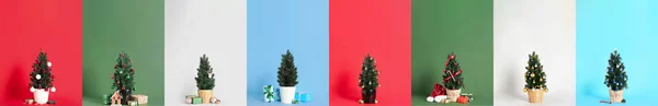 Collage Avec Nombreux Arbres Noël Sur Fond Coloré — Photo