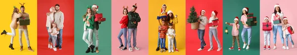 Коллаж Счастливых Семей Цветном Фоне Праздник Рождества — стоковое фото