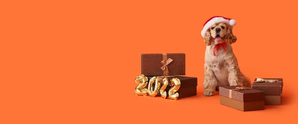 Rozkošný Pes Klobouku Santa Vánoční Dárky Oranžovém Pozadí Prostorem Pro — Stock fotografie