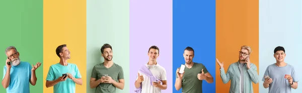 Grupa Nowoczesnych Mężczyzn Telefonami Komórkowymi Tle Koloru — Zdjęcie stockowe