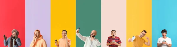 Collage Hombres Modernos Con Teléfonos Móviles Sobre Fondo Color —  Fotos de Stock
