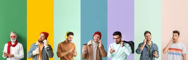 Kolekcja Mężczyzn Telefonami Komórkowymi Tle Koloru — Zdjęcie stockowe
