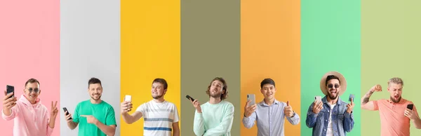 Набор Мужчин Мобильными Телефонами Цветном Фоне — стоковое фото