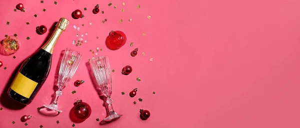Bottle Champagne Glasses Christmas Balls Confetti Pink Background Space Text — Stock Photo, Image