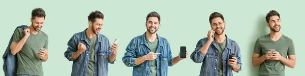 Stock image Collage of young man with mobile phone on light background