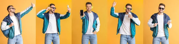 Collage Eines Jungen Mannes Mit Handy Auf Orangefarbenem Hintergrund — Stockfoto